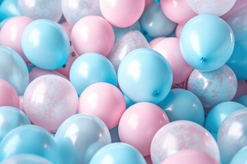 Fototapeta na wymiar Many pink balloons background. Many pastel pink heart shaped balloons. Concept of happiness, joy, birthday. Generative AI