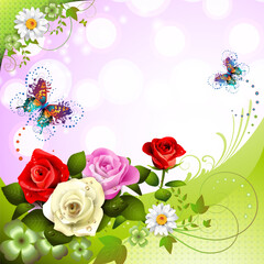 Fototapeta na wymiar Background with roses and butterflies