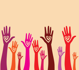 People support hand like heart united seamless background. Vector pattern illustration .