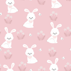 Seamless pattern rabbit, bird and flowers. Beautiful Decorative Bunny pink Background, Element for design. Design print for textile.