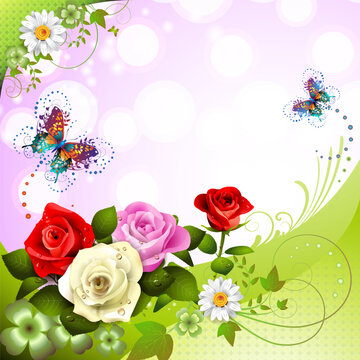 Background with roses and butterflies