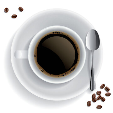 Cup of black coffee with coffee grain and spoon. On white background.