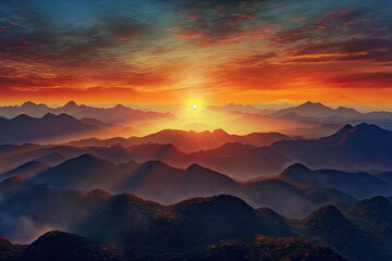 Fototapeta na wymiar Mountains in low clouds at sunrise in summer. Aerial view of mountain peaks in fog. Beautiful landscape with rocks, forest, orange sun, colorful sky. Top view of mountain valley in clouds. Foggy hills