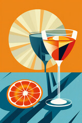 a vintage modernist Italian image for an ad poster with a crystal glass of vermouth with ice and a slice of orange inside, advertisement style, hd, 8k clean composition ，generated by AI
