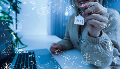 Quantitative analyst is drawing different math formulas on the glass screen.