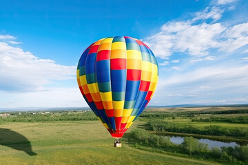 Obraz premium Hot air balloon on the green farm on the blue sky background