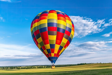 Obraz premium Hot air balloon on the green farm on the blue sky background