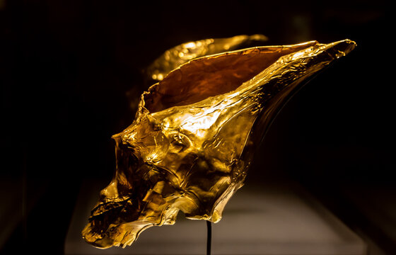 Bogot&aacute;, Colombia, February 06 2023 : Pre-columbian gold artifacts on display in the museo del oro. The museum of gold is located in Bogota, Colombia.