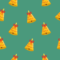 Seamless pattern christmas from bells and tapes on the background.