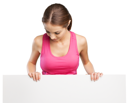 Young sports fitness woman hold blank board advertisement