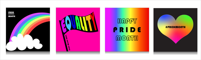 Set of LGBT Pride Month banner. Collection of modern black and colorful templates square banner with Rainbow colors and Geometric shapes for LGBT Pride Month. Vector illustration.