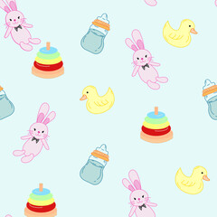 Fototapeta premium baby seamless background. There is a pink rabbit doll, yellow rubber duck, baby toys and baby bottles in bright pastel colors on a light blue background.
