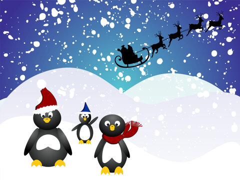 vector illustration of funny penguins on a winter landscape