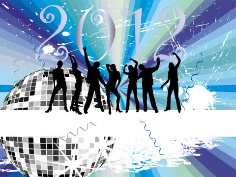 vector illustration of dancing people silhouettes on an abstract party background