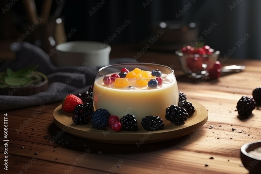 Wall mural Pudding berries food. Generate Ai