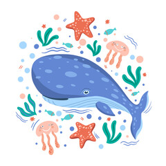 Blue whale swims among jellyfish, starfish, and algae. Mammal for the encyclopedia of the inhabitants of the seas and oceans, design of postcards and textiles. Isolated vector illustration.