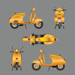yellow retro vector scooter, with various views. vector illustration