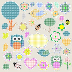 Nature textile stickers set. animals and flowers