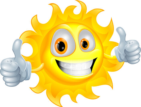 A sun cartoon mascot giving a double thumbs up