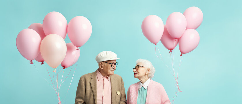 Romantic love of full growth happy smiling old grandparents couple in pastel blue, pink color clothes holding shaped balloons. Candid loving feelings, good family relations concept. Generative AI