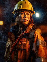 Team drill rig worker with hard hat and visibility jacket in large open pit mine during winter (generative ai technology)