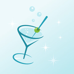 Illustrated dry martini drink with stars around and olive on toothpick