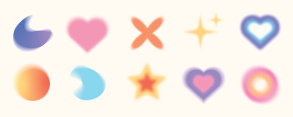 Trendy blurred gradient gradient shapes, colorful soft gradients. Various geometric forms with blurring effect vector set. Y2k aura aesthetic.