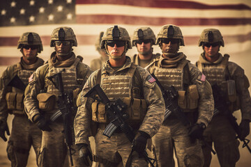 Illustration of group of us army soldiers over us flag - 608602330