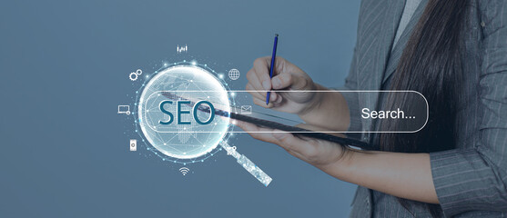 Search engine optimization (SEO) concept on dark blue background. Internet technology for business...