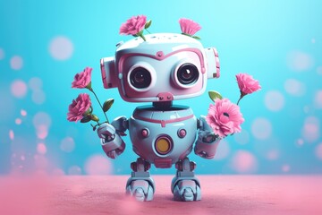 Small cute smiling spring robot with hands, legs, colored with pastel colorful spring flowers. Cute AI toy robot on pink background. Generative AI