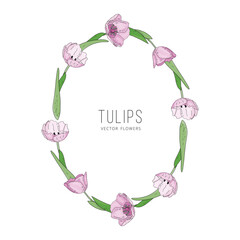 Hand drawn vector floral frame with pink flowers tulips, branch and leaves. Elegant logo template.