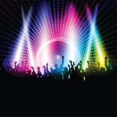 Silhouette of an excited party crowd on a music speaker background