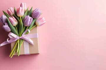 Fototapeta na wymiar Top view photo of stylish pink giftbox with ribbon bow. Generative AI