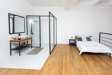 Stylish and modern designed wooden wall in shower cabin