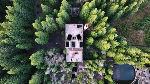 Roslava Tin Mine, Sauersack War Prison Buildings in Forest of Ore Mountains, Czech Republic. Top Down Aerial View