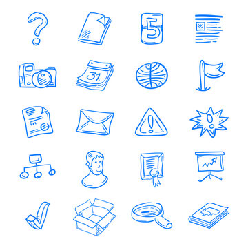Handdrawn blue web icon set on white background