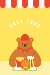 vector illustrations of a fast food and drink set and teddy bear staff for banners, cards, flyers, social media wallpapers, etc.
