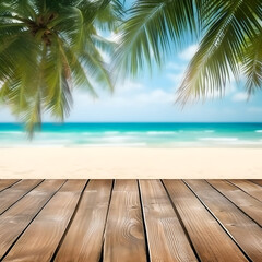 Empty wooden table on a beautiful tropical beach background. summer sea beach palm tree with wooden table foreground space for advertising products. Generative Ai