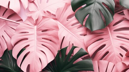 Pink tropical palm leaves of monstera on pink background. Generative AI