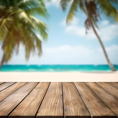 Fototapeta premium Empty wooden table on a beautiful tropical beach background. summer sea beach palm tree with wooden table foreground space for advertising products. Generative Ai