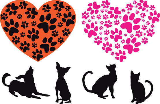 red heart with cat and dog footprint pattern, vector background