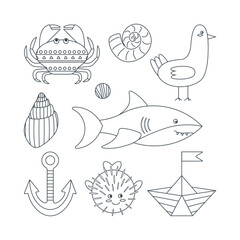 Set of marine elements fish, anchor, shark, shells, boat, crab in flat cartoon style. Line art.