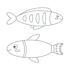 Set of marine fish elements in flat cartoon style. Line art.