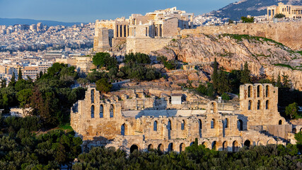 Acropolis and Odeon of Herodes Atticus. Panorama as seen from the Filopappou Hill at sunset....