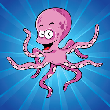 Funny cartoon octopus on the blue background