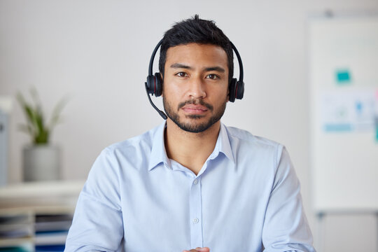 Serious portrait of man in call center, headset and help at customer service agency or sales desk. Telemarketing, communication and virtual assistant, businessman with focus, support and headphones.