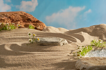 Natural scene with a rock on sand with small lake and feverfew on blue sky background. Empty space...