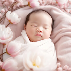 cute Asian Baby, swaddled in white, sleeping with eyes closed, pink flower background. Generative AI