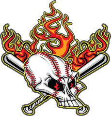 Cartoon Image of Flaming Baseball Bats and Skull with Baseball Laces © Designpics