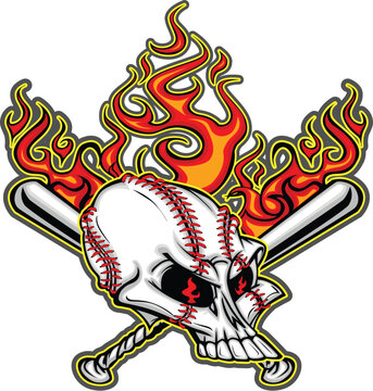 Cartoon Image of Flaming Baseball Bats and Skull with Baseball Laces
